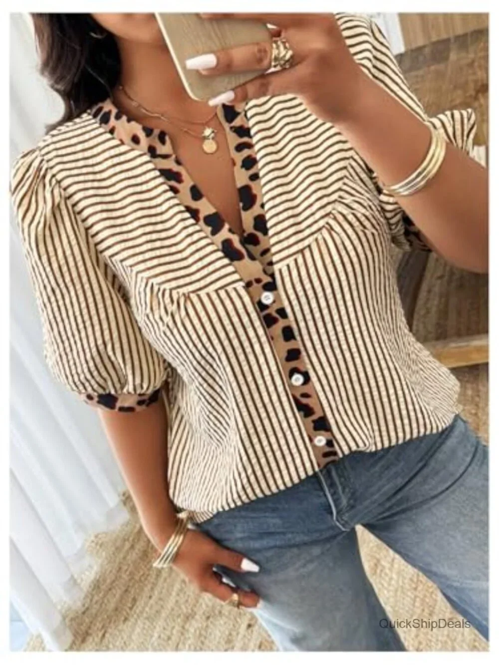 Leopard Button Up Blouse | Notched V Neck Half Sleeve | Business Casual Top